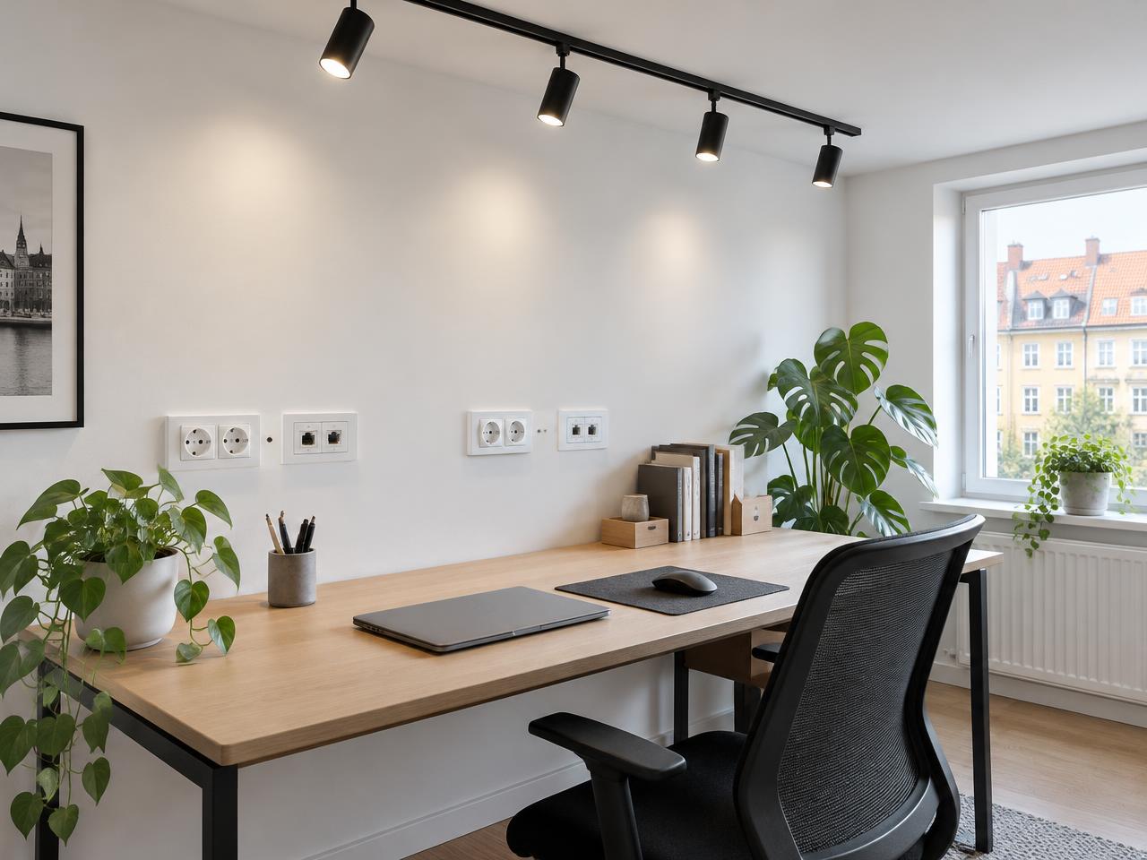 Exempelbild av uttag och spotlights i ett hemmakontor
