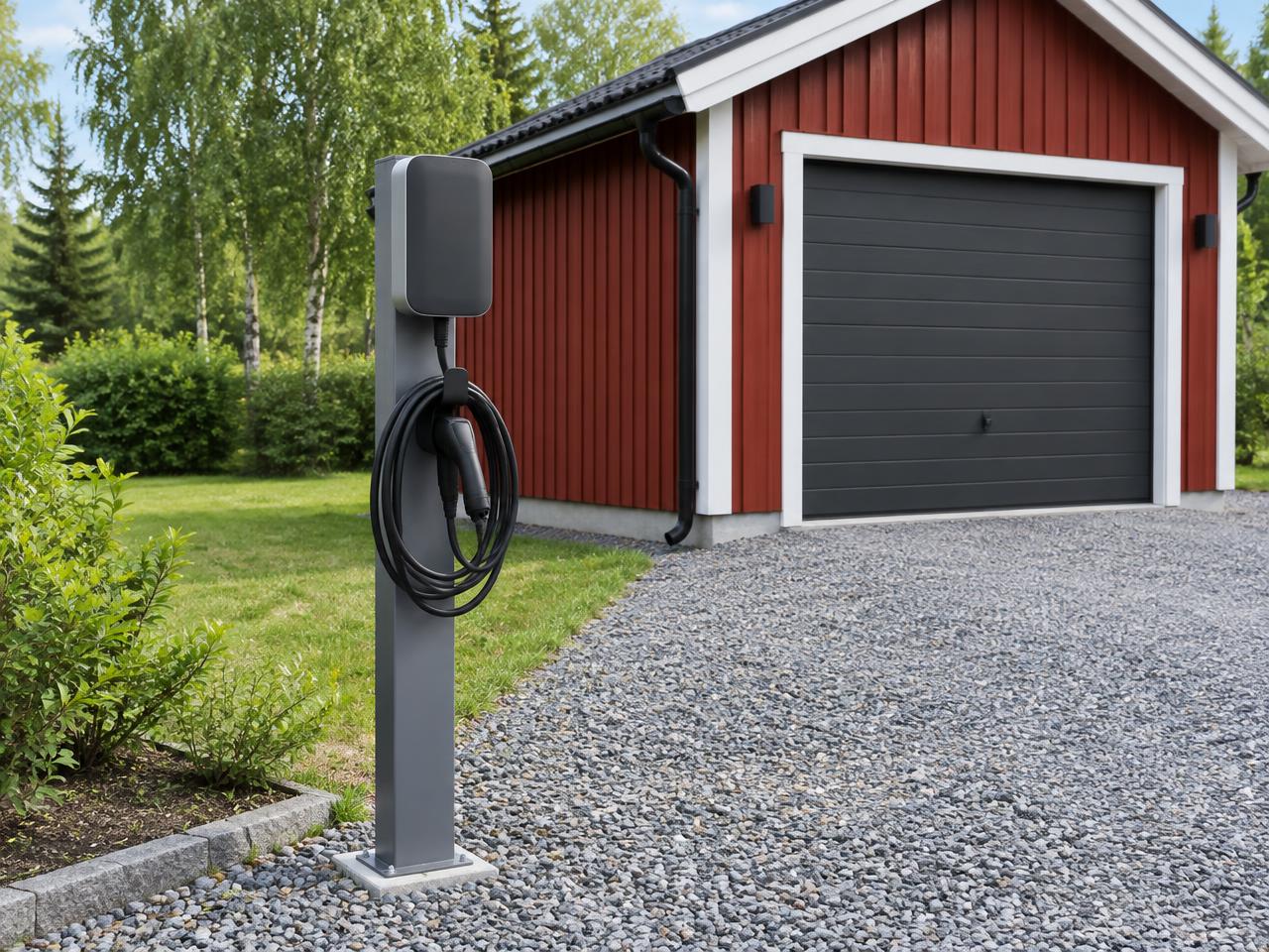 Exempelbild av laddbox på en stolpe vid ett garage