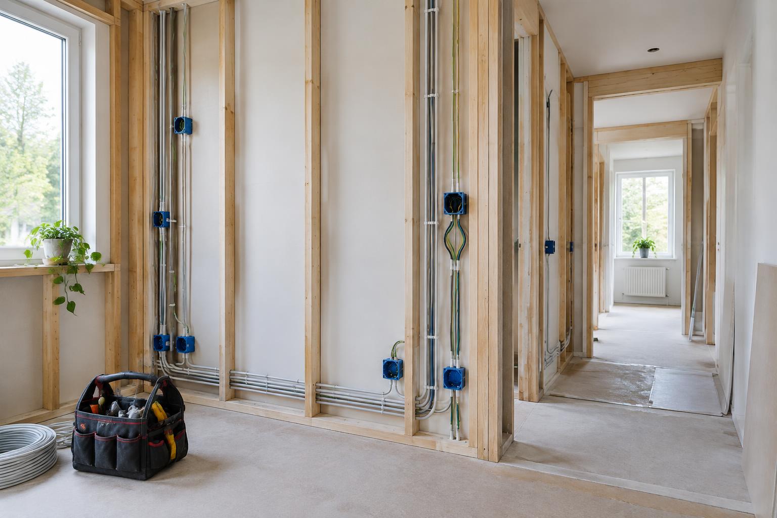 Exempelbild av kabeldragning och uttagsdosor vid nyinstallation i ett hus