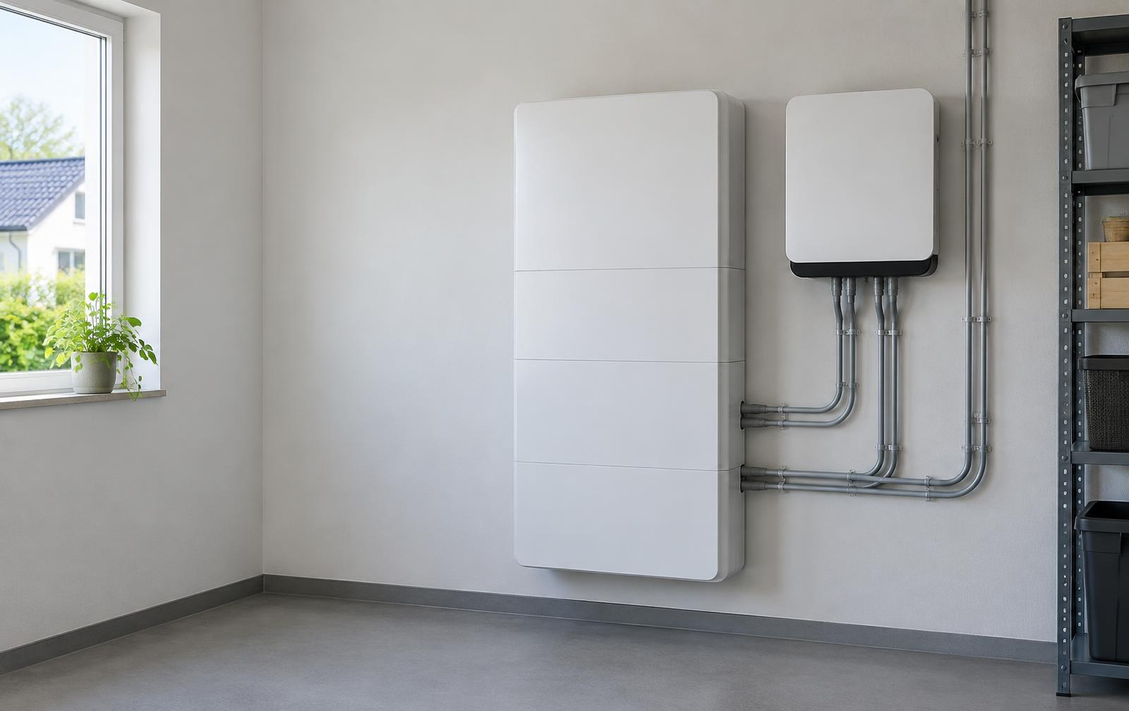 Exempelbild av solcellsbatteri och växelriktare i ett teknikrum